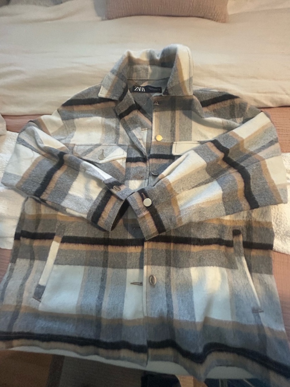 ZARA Men’s Plaid Shacket Jacket - Gray, Cream & Brown